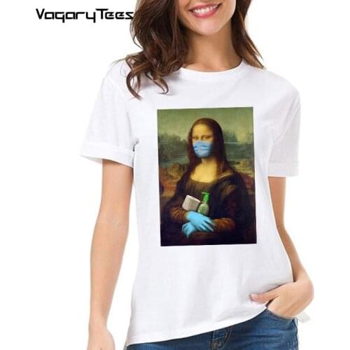 Summer T-Shirt women 2020 Mona Lisa Funny Monalisa Mask Tshirt O-neck Graphic T Shirt Short Sleeve Tees Printed Harajuku