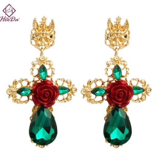Women Shiny Crystal Cross Flower Stud Earrings for Women Baroque Hyperbole Graceful Green Ear Decoration Lady Party Jewelry