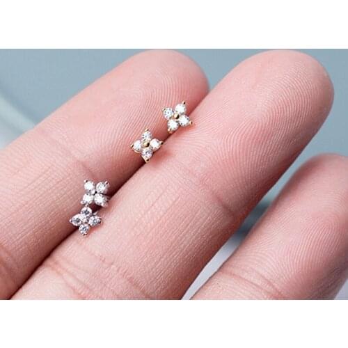 925 Sterling Silver flower ear stud female inlay cute small earring cubic zircon silver jewelry
