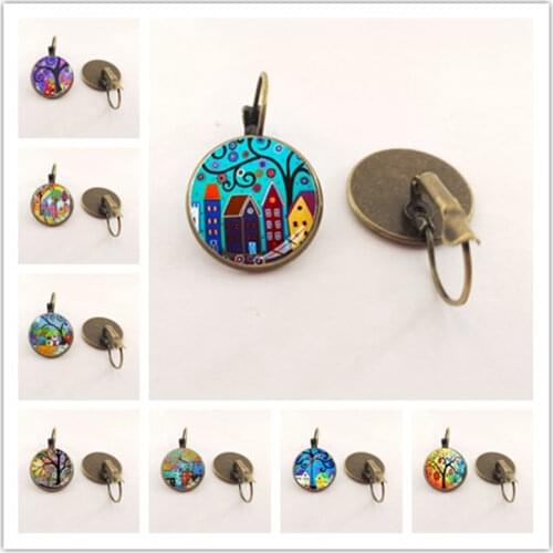 New Arrival Colorful House and Tree Women Stud Earring Abstract Oil Painting House Glass Cabochon Womens Earrings