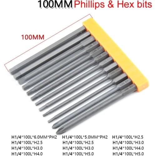 12pcs/set 100mm Long 1/4 inch Hex Shank Magnetic Electric Hexagon & Phillips Screwdriver Cross bit Set PH2 H2.5 H3 H4 H5