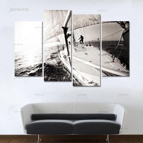 4 Pieces Black White Boat Sea Level Landscape Modern Canvas Painting Wall Art Pictures Home Decoration Posters for Living Room