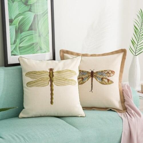 45x45cm Cotton Linen Cushion Cover Dragonfly Embroidery Living Room Sofa Pillowcase Nordic Bed Car Waist