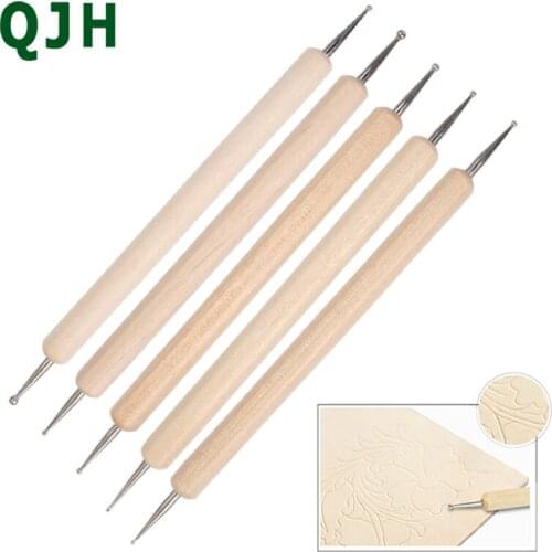 5PCS Handmade Leather Carving Tools Wooden Handle Leather Seal Tracing Pen Double-headed Scratch Crimper DIY Leather Craft Tool