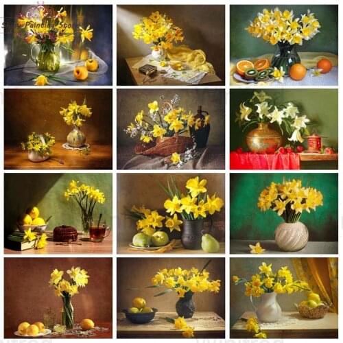 5D DIY Diamond Painting Yellow Flower Vase Mosaic Diamond Embroidery Cross Stitch Handmade Gift Pastoral Style Home Decoration