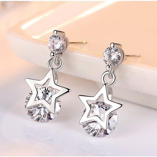 925 Sterling Silver Zircon Star Charm Stud Earrings For Women Party Wedding Jewelry eh660