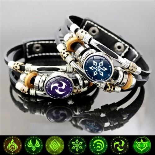 Genshin Impact Snap Button Bracelet Men Luminous Game Eye of God Element Retro Punk Style Leather Bracelet Cosplay Jewelry Gift