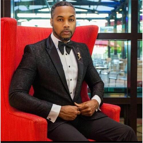 Balck Floral Pattern Mens 2 Piece Suits Groom Best Man Tailored Fit Prom Party Wedding Tuxedos