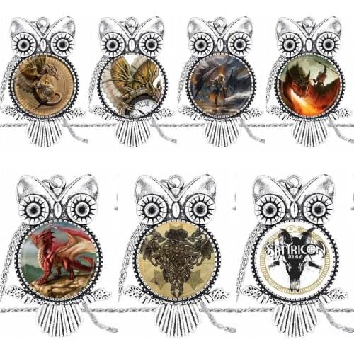 EJ Glaze Jewelry Plated Glass Cabochon Choker Long Pendant Owl Necklace For Women Punk Dragon Wings
