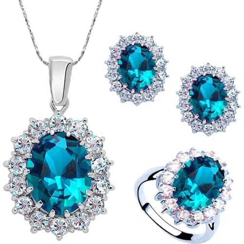 Hot!!! 3Pcs/Set Oval Faux Gem Full Rhinestone Charm Earrings Necklace Ring Lady Jewelry
