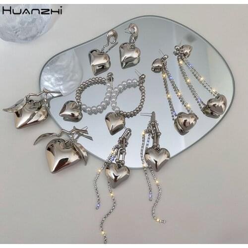HUANZHI 2021 New S925 Silver Metal Heart Pearl Drop Earrings Tassel Asymmetry Leaf Earrings for Women Girls Party Travel Jewelry