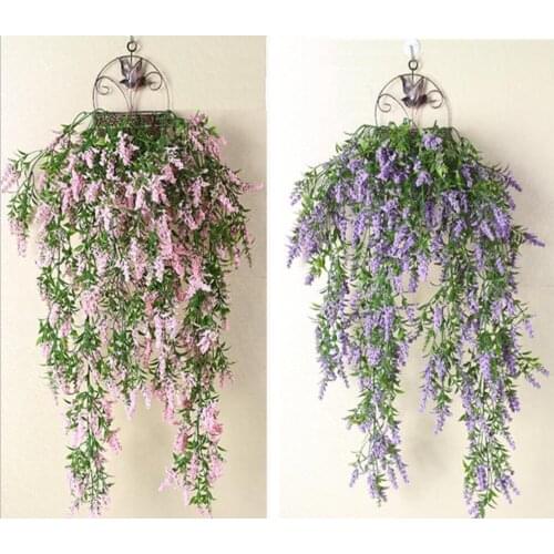 2pcs Hanging Artificial Lavender Flower Wall Ivy Garland Vine Greenery For Wedding Home Office Bar Decorative