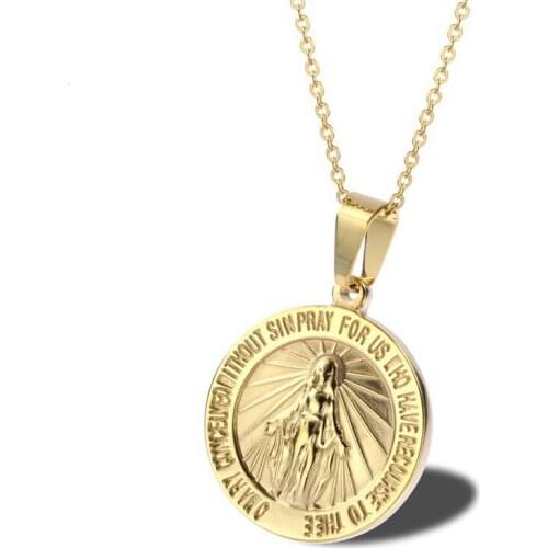 RIR Dainty Our Lady Of Guadalupe Necklace Stainless Steel Round Virgin Mary Pendant Our Lady Women Goddess Religious Necklaces