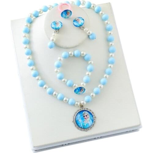 Disney Movie Frozen Elsa Pearl Necklace Bracelet Set Girls Cartoon Ring Ear Clip 5 Pcs/lot Princess For Kids Christmas Gifts