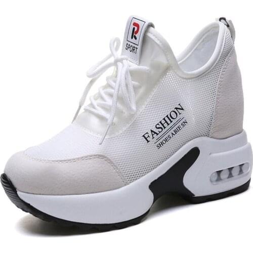 Womens Round Toe Vulcanized Shoes Ladies Chunky Trainers Disruptor Hidden Heels Wedge Sneakers Breathable Platform White Shoes