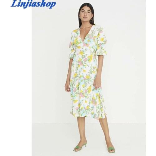 Fashion summer dress v neck short sleeves zipper sashes loose chic floral print midi dress women femme vestidos