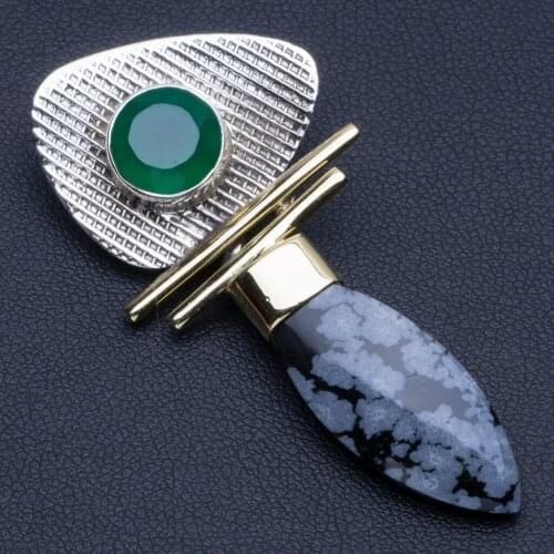Natural Two Tones Chrysoprase and Snowflake Obsidian Punk 925 Sterling Silver Pendant 2" R0112