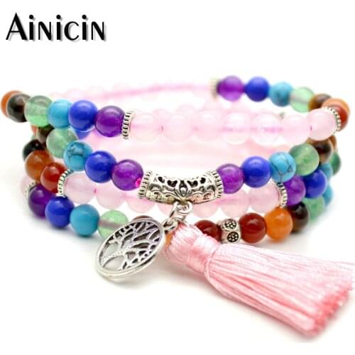 Natural Pink Quartz Stone 7 Chakra Healing Balance Bracelets Multi-layer Bangles For Women Jewelry Pink Tassel Jewelry Gift