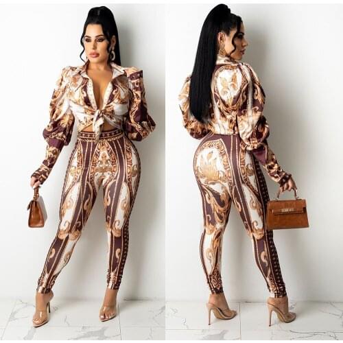 New products for autumn women long-sleeved lace-up blouse and trousers suit fashion sexy digital printing ladies two-piece suit