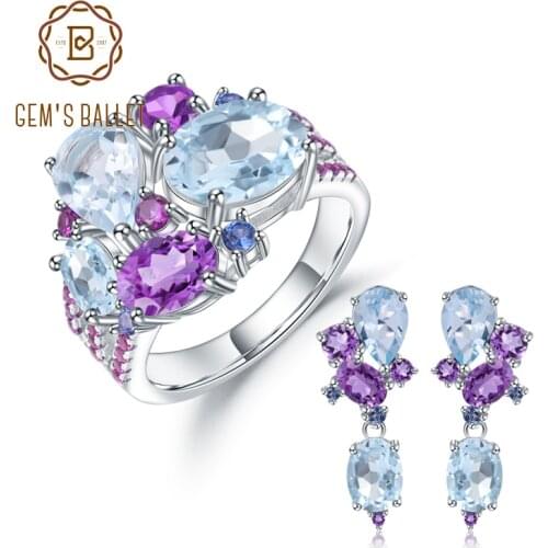 GEMS BALLE Real 925 Sterling Silver Colorful Candy Jewelry Set Natural Topaz Amethyst Ring Stud Earrings For Women Fine Jewelry