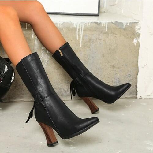 Fall Winter Fashion Drawstring Lace-up Mid Calf Boots Ladies Pure Colo High Heelsr Pointed Side Zipper Boots