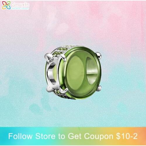 Smuxin 925 Sterling Silver Beads Green Oval Cabochon Charm fit Original Pandora Bracelets for Women Jewelry Making Birthday Gift