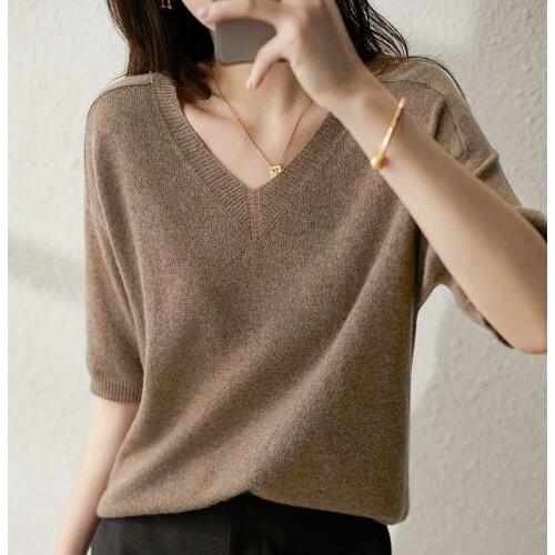 Thin Knitted T Shirt Women V Neck Half Sleeve Tshirt Summer Sweater Tops Female Solid Color Casual Loose T-Shirt