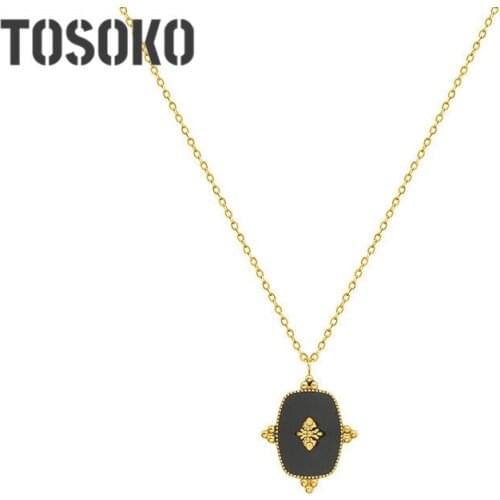 TOSOKO Stainless Steel Jewelry Retro Oil Dripping Technology Geometric Pendant Necklace Womens Court Style Clavicle Chain P913