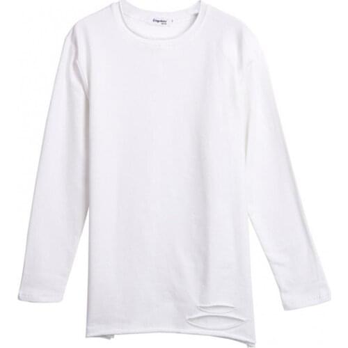 Women Autumn Long Sleeve O Neck Solid Color Ripped Hole Loose Blouse T-shirt