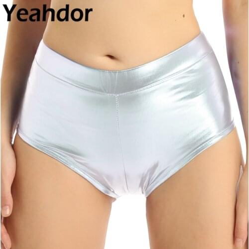 Women Shiny Patent Leather Briefs Shorts Clubwear Metallic Hot Pants Elastic Waistband Short Trousers for Club Stage Performance