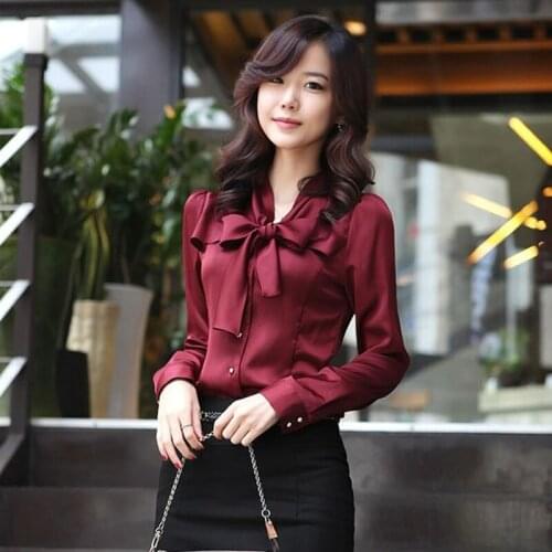 Women Summer Shirts Long Sleeve Shirt Chiffon Loose Elegant Basic Stain Silk Blouses Casual Beautiful Bow Women Solid Blouse Top