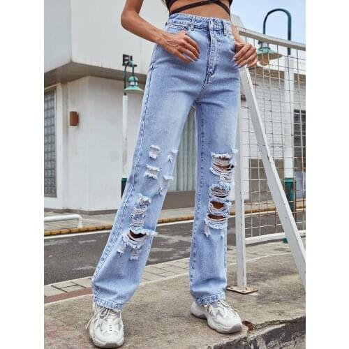 Womens high-waist fashion casual all-match, denim trousers, womens new style trendy ripped straight-leg jeans