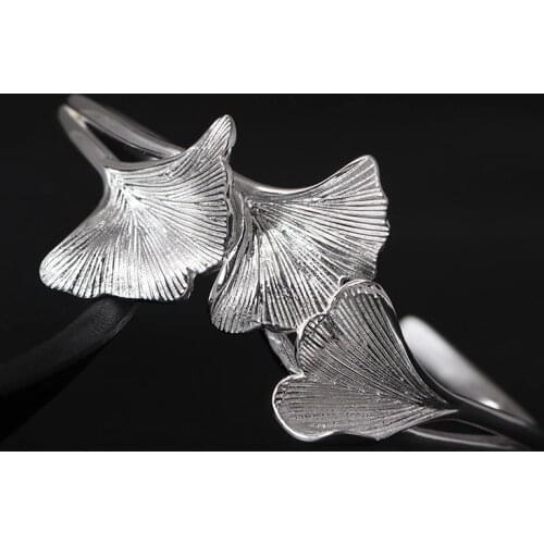 Handmade Real Pure 950 925 Sterling Silver Bangles Women Ginkgo Leaf Opening Bracelets Elegant Vintage Thai Silver Fine Jewelry