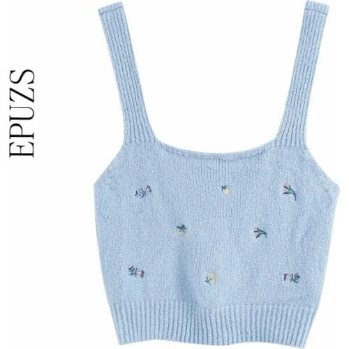 Women Sexy Cropped top women summer tank top Vintage Sleeveless Knitted shirts Female Floral Embroidered sweater 2020