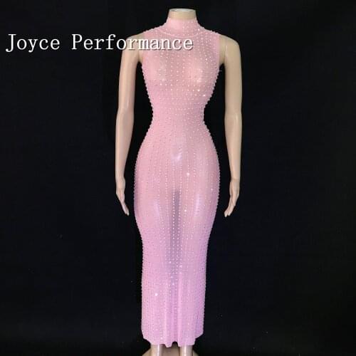 AB Color Full Rhinestones Pink Sleeveless Dress Women Dance Performance canonicals Prom Birthday Celebrate Long Dress