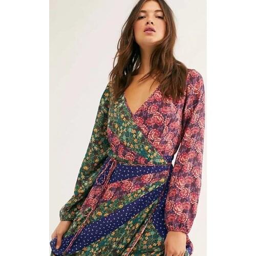 KHALEE YOSE Floral Print Bohemian Dresses Spring 2020 Chiffon Women Wrap Dress Long Sleeve V-neck Holiday Beach Boho Chic Dress