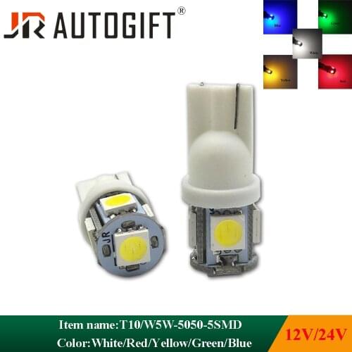 200Pcs/Lot 12V 24V Super Bright T10 LED W5W 5050 5SMD 192 168 194 White Light LED Car Light Wedge Lamp Bulbs License Plate Light