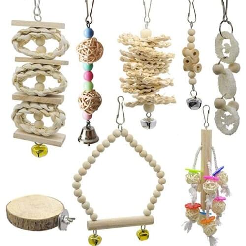 8 Pcs Set Bird Parrot Swing Chewing Toys-Natural Wood Bird Climbing Hanging Cage Toys Suitable for Small Parakeets Cockatiels Co