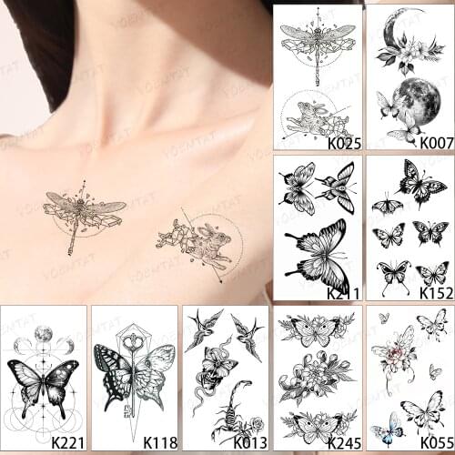 9pcs/Lot New Water Transfer Tattoo Sticker Dragonfly Rabbit Butterfly Animal Waterproof Temporary Tatoo Body Art Dark Fake Tatto