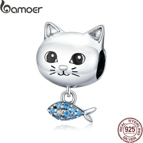 Bamoer Genuine 925 Sterling Silver Cat Love Fish Tiny Pendant Animal Charm fit Original Silver Bracelet DIY Jewelry BSC226