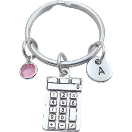 Accountant Calculator Keychains Creative Initial Letter Monogram Birthstone Keyrings Fashion Jewelry Women Gifts Pendants