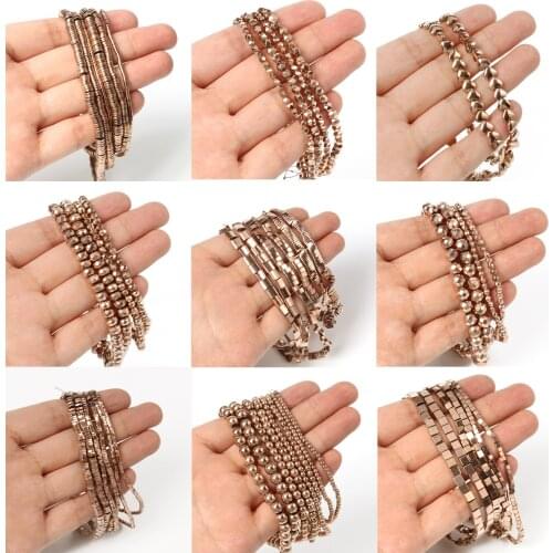 Color Retention Natural Hematite Ros Gold Color Heart Round Shape Loose Stone Beads For Jewelry Making DIY Bracelet Necklace 15"