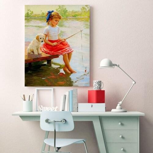 Childlike cute little girl with animals and flowers DIY painting digital art painting digital family hotel decorative painting