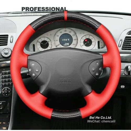 DIY Hand Stitching Black PU Carbon Fiber Red Leather Car Steering Wheel Cover for Benz E-Class W211 G-Class W463