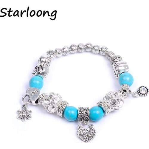 European Style Authentic Tibetan Silver plated natural stone Crystal Charm Bracelets for Women Original DIY Jewelry Gift