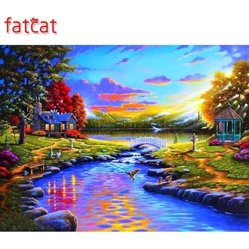 FATCAT Diy diamond painting full Mosaic River sunset landscape Cross Stitch Rhinestone with embroidery Wedding room decor AE345