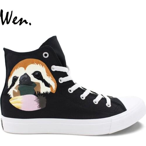 Wen Animal Hand Painted Canvas Shoes Sloth Design High Top Skateboard Shoes Boy Girl Strappy Sneakers Black Flattie
