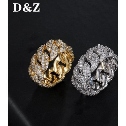 D&Z Cuban Link Chain Ring Mens Hip Hop Gold Color Iced Out Cubic Zircon Jewelry Rings 8 9 10 11 Five Size