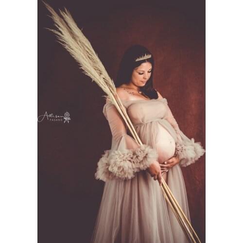 Brown Maternity Gowns for Photography Puffy Sleeves Front Split A Line Long Sleeve Evening Maternity Dress for Photo Shoot