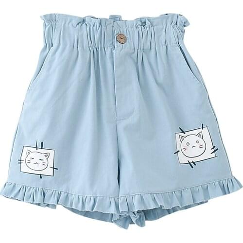Japanese Mori Girl Kawaii Summer Shorts For Teen Girls Cute Cat Cartoon Print Women College Style Vintage Ruffle Pants Femme